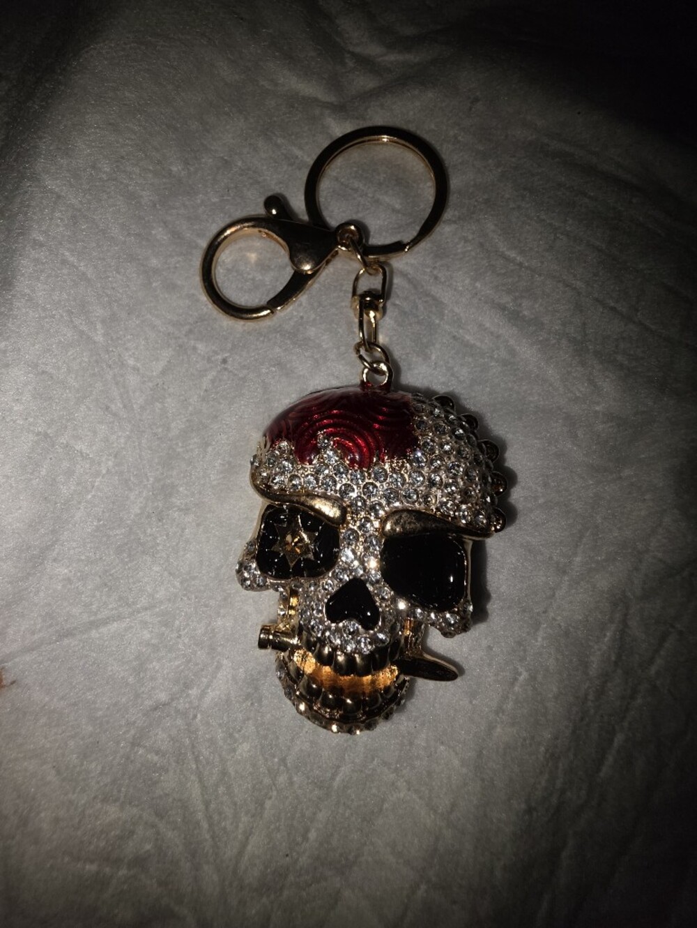 Gold Crystal Skull Bag Charm Keychain with Red Accents